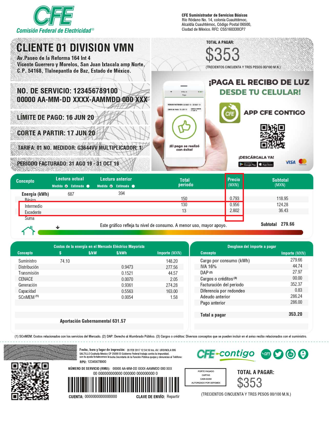 Ejemplo de Recibo de CFE con precios de kWh resaltados